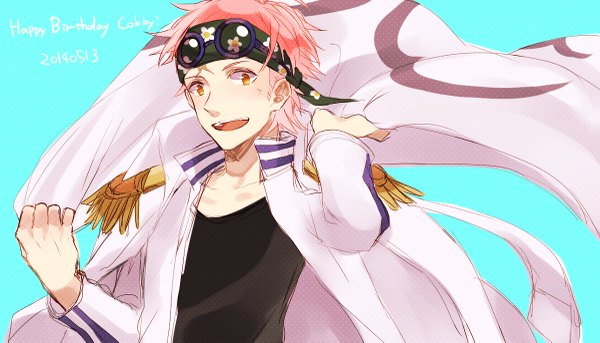 Anime picture 1200x687 with one piece toei animation coby (one piece) mako1124 single looking at viewer short hair open mouth simple background wide image pink hair orange hair dated happy birthday aqua background glasses on head boy uniform glasses hairband