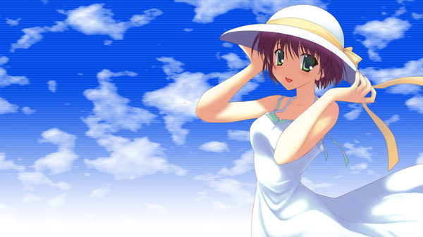 Anime picture 1920x1080 with canvas (anime) kikyou kiri nanao naru highres short hair wide image purple hair cloud (clouds) girl hat sundress