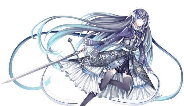 Anime picture 2952x1710 with original stari single long hair highres blue eyes black hair simple background wide image white background long sleeves girl thighhighs dress weapon black thighhighs sword jewelry