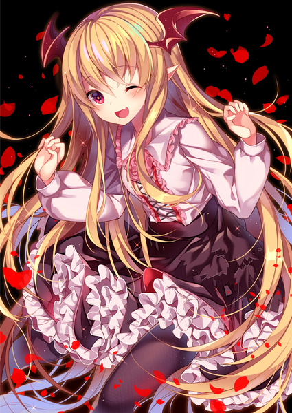 Anime picture 1200x1694 with shingeki no bahamut granblue fantasy vampy homaderi single tall image looking at viewer fringe open mouth simple background blonde hair smile hair between eyes red eyes long sleeves very long hair one eye closed pointy ears fang (fangs) black background