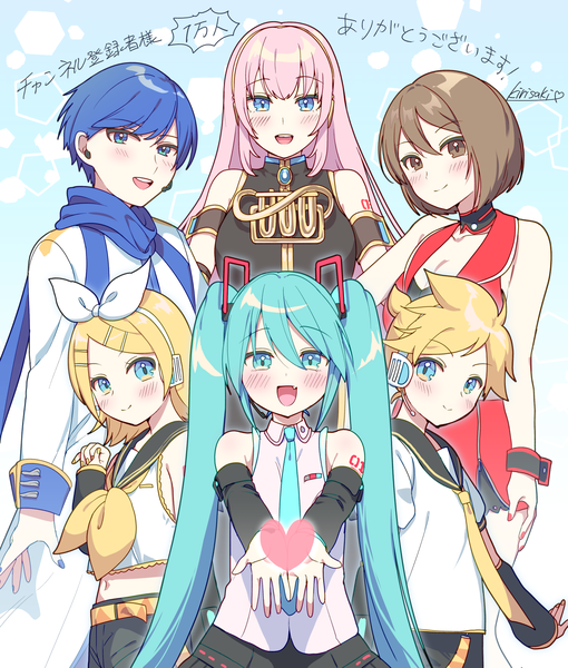 Anime picture 1700x2000 with vocaloid hatsune miku megurine luka kagamine rin kagamine len kaito (vocaloid) meiko hatsune miku (vocaloid4) kirisaki shuusei long hair tall image looking at viewer blush fringe short hair open mouth blue eyes blonde hair smile hair between eyes