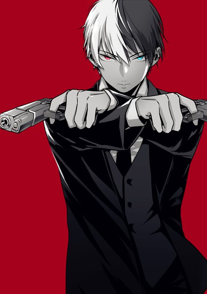 Anime picture 2480x3508 with boku no hero academia studio bones todoroki shouto alikumen single tall image looking at viewer fringe highres short hair simple background hair between eyes upper body multicolored hair two-tone hair alternate costume heterochromia crossed arms red background formal