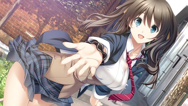 Anime picture 1280x720 with kiss ato aikawa arisa mikoto akemi single long hair looking at viewer open mouth blue eyes wide image game cg grey hair girl skirt uniform school uniform necktie