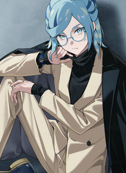 Anime picture 941x1298 with pokemon pokemon (game) pokemon sv nintendo grusha (pokemon) tuze111 single tall image looking at viewer short hair blue eyes sitting blue hair long sleeves alternate costume sleeves past wrists half updo clothes on shoulders bespectacled boy