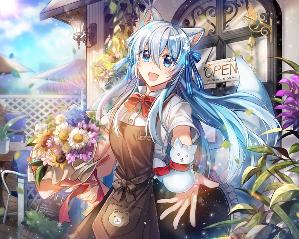 Anime picture 2500x2000 with original rijjin single long hair looking at viewer blush fringe highres open mouth blue eyes smile hair between eyes standing holding animal ears blue hair sky outdoors tail :d