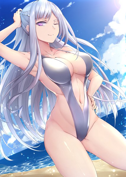 Anime picture 2480x3486 with girls frontline ak-12 (girls frontline) zhishi ge fangzhang single long hair tall image looking at viewer blush fringe highres breasts light erotic large breasts standing purple eyes payot sky silver hair cloud (clouds) outdoors