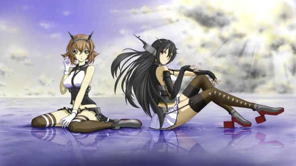 Anime picture 5760x3240 with kantai collection nagato battleship mutsu battleship prophet5 long hair highres short hair black hair brown hair wide image sitting multiple girls brown eyes absurdres girl thighhighs skirt gloves hair ornament black thighhighs