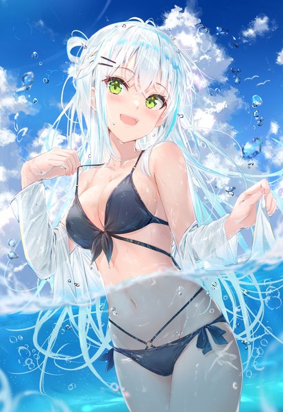 Anime picture 2764x4019 with original na kyo single long hair tall image blush fringe highres breasts open mouth light erotic smile hair between eyes standing green eyes looking away sky cloud (clouds) ahoge outdoors