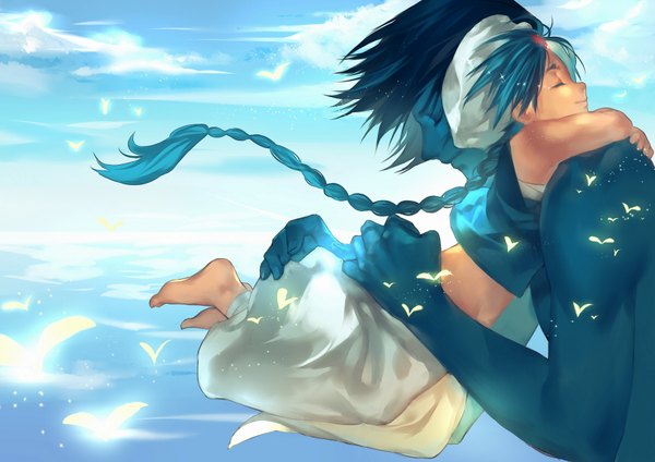 Anime picture 1700x1202 with magi the labyrinth of magic a-1 pictures aladdin (magi) uugo joseph lee short hair black hair blue hair sky cloud (clouds) braid (braids) eyes closed very long hair barefoot hug tears single braid blue skin boy headdress