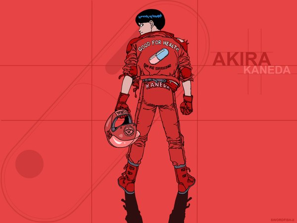 Anime picture 1600x1200 with akira kaneda shoutarou single black hair looking back from behind red background boy gloves jacket helmet
