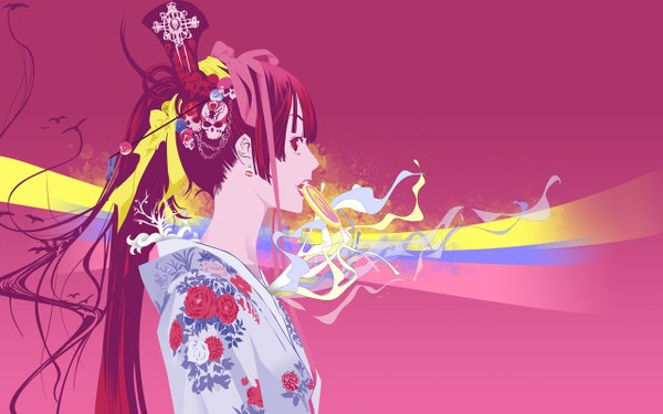 Anime picture 1280x800 with tenjou tenge oogure ito single long hair looking at viewer fringe wide image holding pink hair purple hair upper body ponytail traditional clothes parted lips japanese clothes profile pink eyes mouth hold floral print pink background