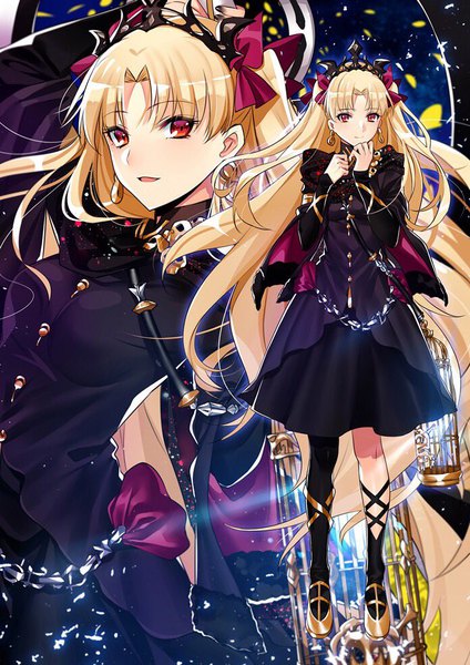 Anime picture 697x987 with fate (series) fate/grand order ereshkigal (fate) yaoshi jun tall image looking at viewer blonde hair red eyes standing very long hair nail polish two side up multiview girl dress bow hair bow earrings black dress tiara