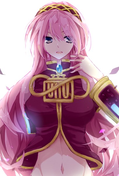 Anime picture 1600x2353 with vocaloid megurine luka tagme (artist) single long hair tall image fringe breasts simple background hair between eyes white background pink hair upper body midriff glowing girl navel petals hairband