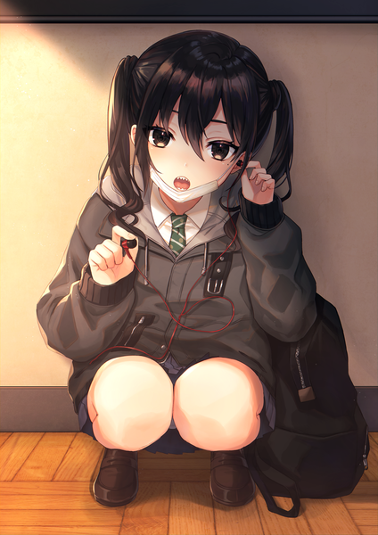 Anime picture 1240x1754 with idolmaster idolmaster cinderella girls sunazuka akira yakibird single long hair tall image looking at viewer blush fringe open mouth light erotic black hair hair between eyes twintails full body bent knee (knees) indoors long sleeves head tilt