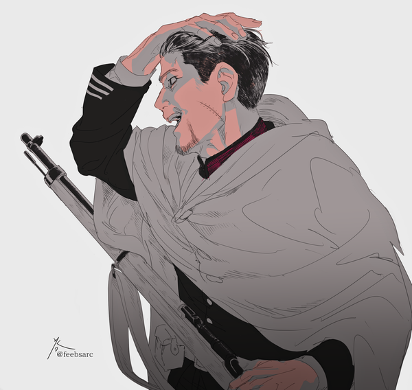 Anime picture 2000x1895 with golden kamuy ogata hyakunosuke zifletts single highres short hair open mouth simple background signed profile grey background twitter username monochrome scar hand on head partially colored boy weapon gun beard