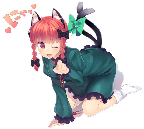 Anime picture 2212x1991 with touhou kaenbyou rin niwashi (yuyu) single long hair highres open mouth simple background smile red eyes white background animal ears red hair tail braid (braids) long sleeves animal tail one eye closed cat ears cat girl