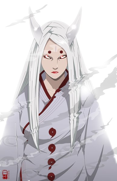 Anime picture 1000x1550 with naruto studio pierrot naruto (series) ootsutsuki kaguya single long hair tall image white background silver hair traditional clothes japanese clothes horn (horns) lips lipstick red lipstick oni horns sharingan rinnegan blank eyes girl