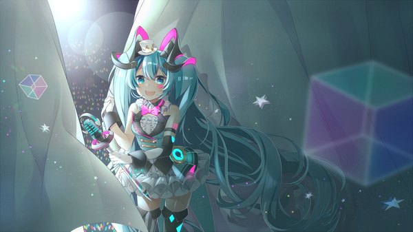 Anime picture 2688x1512 with vocaloid magical mirai (vocaloid) hatsune miku magical mirai miku magical mirai miku (2019) asagao minoru single looking at viewer highres open mouth wide image twintails very long hair aqua eyes aqua hair zettai ryouiki girl hat bowtie star (symbol)