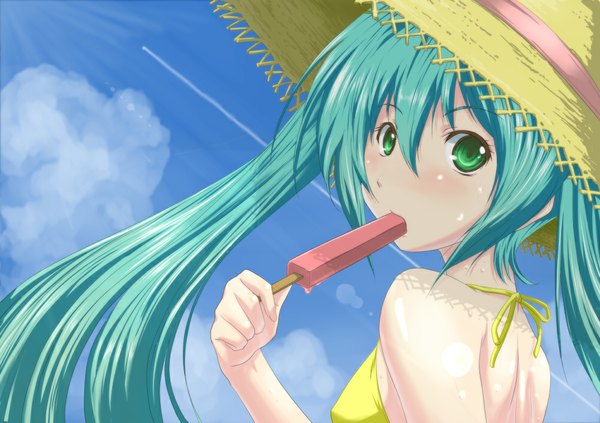 Anime picture 1000x706 with vocaloid hatsune miku neno (mono) twintails green eyes very long hair looking back aqua hair eating girl hat food sweets ice cream