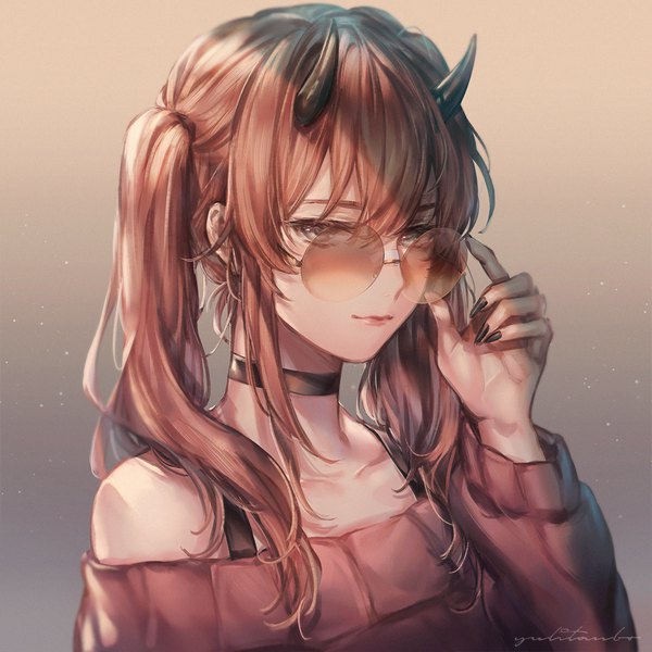 Anime picture 1080x1080 with original yuli (yulipo) single long hair looking at viewer fringe smile brown hair twintails bare shoulders brown eyes signed payot long sleeves nail polish horn (horns) fingernails off shoulder gradient background portrait