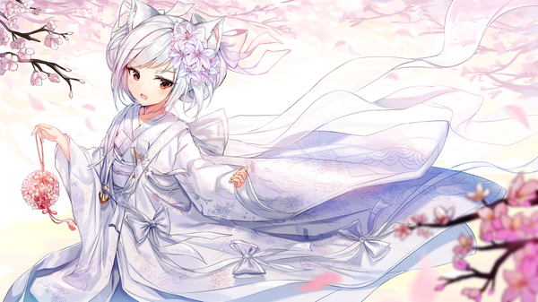 Anime picture 1871x1052 with azur lane yukikaze (azur lane) yukikaze (spring's warmth) (azur lane) pdxen single blush fringe highres short hair open mouth red eyes wide image standing holding animal ears looking away white hair traditional clothes japanese clothes hair flower