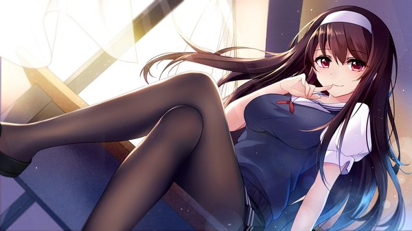 Anime picture 1920x1080 with saenai heroine no sodatekata a-1 pictures kasumigaoka utaha bison cangshu single long hair looking at viewer blush highres brown hair wide image sitting purple eyes pleated skirt light smile wind dutch angle wallpaper crossed legs finger to mouth