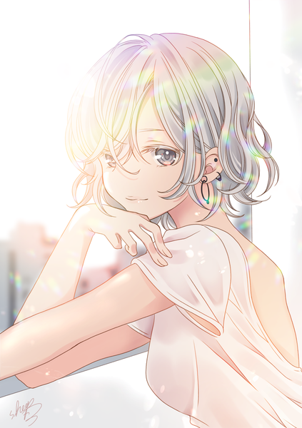 Anime picture 1000x1417 with original sheepd single tall image looking at viewer fringe short hair hair between eyes signed silver hair upper body light smile sunlight grey eyes depth of field piercing ear piercing wavy hair bare back girl