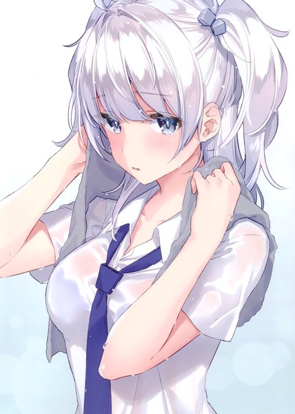 Anime picture 2111x2958 with original masuishi kinoto single long hair tall image looking at viewer blush fringe highres light erotic simple background white background holding silver hair upper body parted lips wet grey eyes two side up embarrassed
