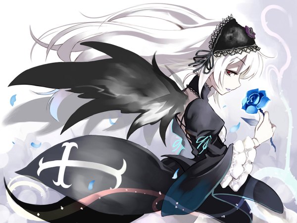 Anime picture 1600x1200 with rozen maiden suigintou long hair white hair goth-loli wings