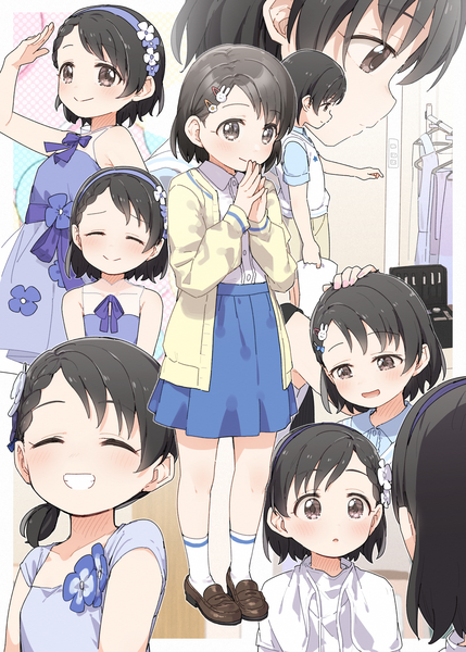 Anime picture 1429x2000 with idolmaster idolmaster cinderella girls idolmaster cinderella girls u149 sasaki chie yukie (kusaka shi) tall image looking at viewer short hair open mouth black hair smile brown eyes looking away full body eyes closed head tilt :d loli grin multiview
