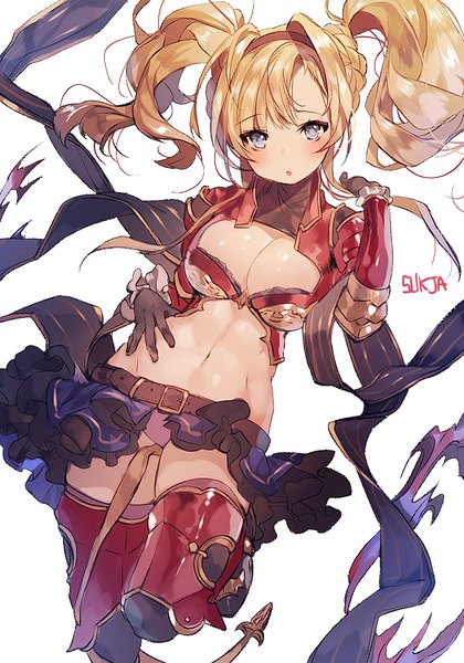 Anime picture 700x1000 with granblue fantasy zeta (granblue fantasy) sorolp single long hair tall image looking at viewer blush fringe breasts open mouth light erotic simple background blonde hair large breasts standing white background twintails signed cleavage