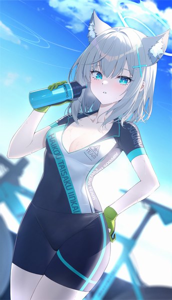 Anime-Bild 1819x3170 mit blue archive shiroko (blue archive) shiroko (cycling) (blue archive) calder single tall image looking at viewer fringe highres short hair breasts blue eyes light erotic standing holding animal ears sky cleavage silver hair cloud (clouds)
