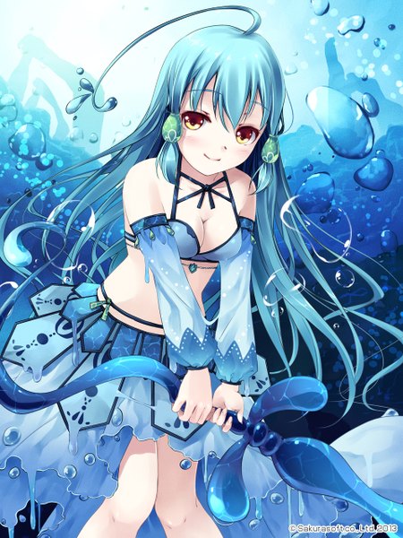 Anime picture 960x1280 with original miyase mahiro single long hair tall image looking at viewer blush breasts smile yellow eyes blue hair underwater girl detached sleeves bubble (bubbles)
