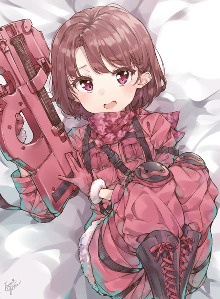Anime picture 957x1301 with sword art online sword art online alternative: gun gale online a-1 pictures llenn (sao) takenoko no you single tall image looking at viewer blush short hair brown hair lying pink eyes on back lacing no hat girl gloves uniform weapon