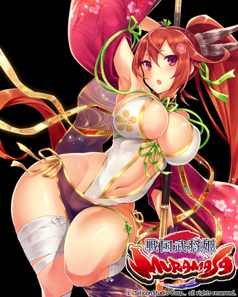 Anime picture 800x1000 with sengoku bushou hime muramasa inayama single long hair tall image looking at viewer blush breasts open mouth light erotic simple background large breasts standing purple eyes bare shoulders cleavage ponytail red hair bare belly armpit (armpits)