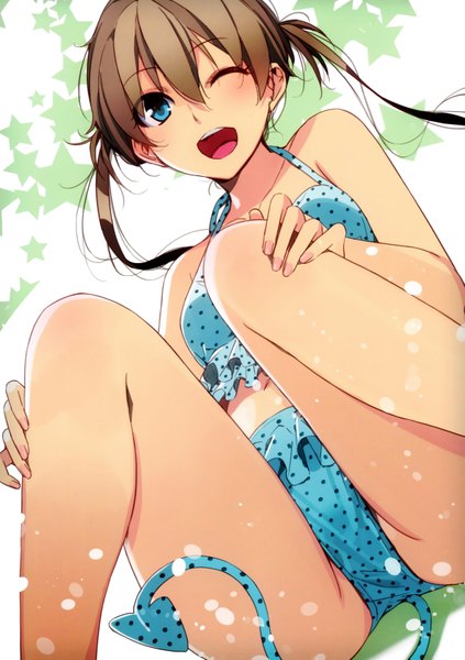 Anime picture 2290x3250 with memories off memories off yubikiri no kioku amakawa chinatsu morii shizuki single long hair tall image highres open mouth blue eyes light erotic brown hair twintails bare shoulders one eye closed wink scan from below spread legs girl
