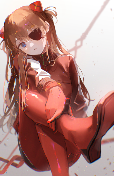 Anime picture 2661x4096 with neon genesis evangelion rebuild of evangelion evangelion: 3.0 you can (not) redo gainax soryu asuka langley shikinami asuka langley oyuyu single long hair tall image looking at viewer blush fringe highres blue eyes simple background brown hair sitting bent knee (knees) parted lips