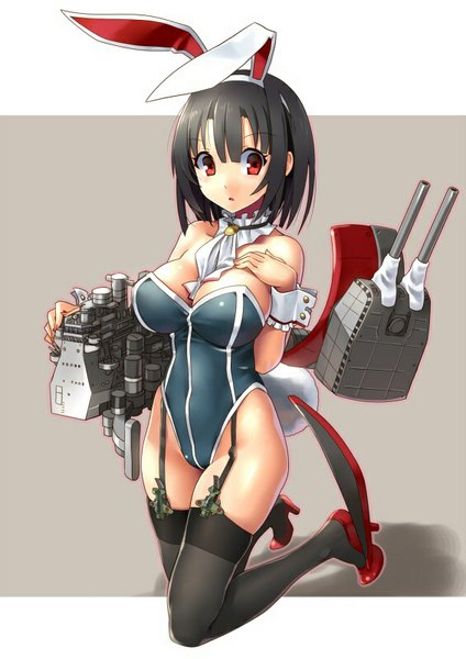 Anime picture 566x800 with kantai collection takao heavy cruiser katahira masashi single tall image fringe short hair breasts light erotic black hair red eyes large breasts animal ears looking away tail parted lips animal tail bunny ears kneeling hand on chest