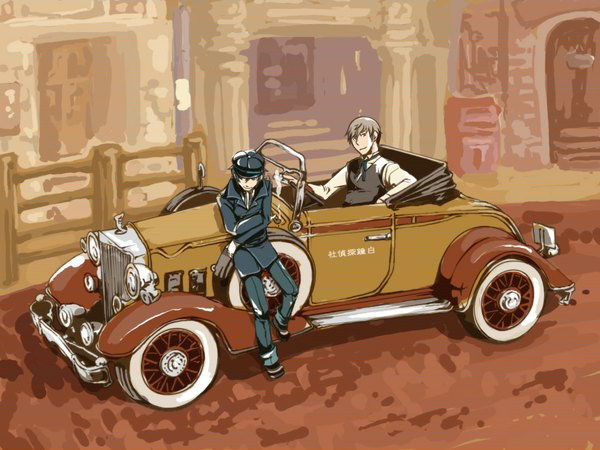 Anime picture 1024x768 with persona 4 persona shirogane naoto seta souji blue hair grey hair androgynous reverse trap detective hat vest ground vehicle blazer car pipe cabbie hat convertible haruyama (pixiv169154)