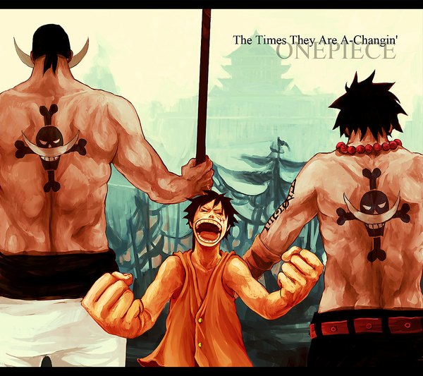 Anime picture 1124x1000 with one piece toei animation monkey d. luffy portgas d. ace edward newgate tsuyomaru short hair open mouth black hair eyes closed from behind back scar muscle angry screaming skull and crossbones boy weapon belt