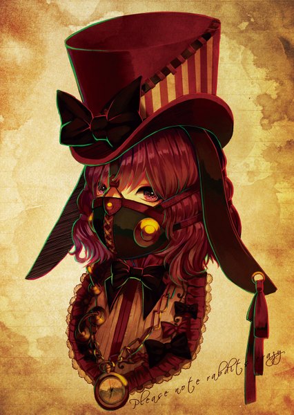 Anime picture 1000x1409 with original reniirean (artist) single tall image looking at viewer short hair purple eyes animal ears purple hair inscription portrait steam punk girl bow hat mask clock pocket watch top hat