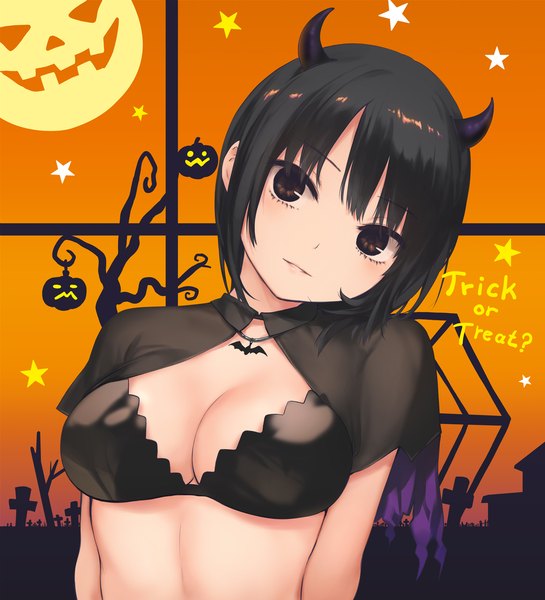 Anime picture 1702x1874 with original aoyama sumika coffee-kizoku single tall image looking at viewer fringe highres short hair breasts light erotic black hair upper body blunt bangs parted lips head tilt horn (horns) black eyes text halloween
