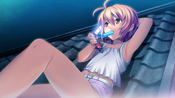 Anime picture 1280x720 with izuna zanshinken (game) short hair wide image game cg orange hair orange eyes girl food shorts sweets ice cream