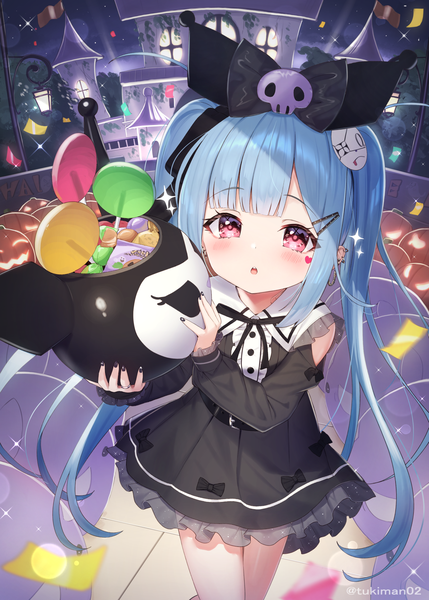 Anime picture 1555x2174 with onegai my melody sanrio kuromi tsukiman single tall image looking at viewer fringe red eyes twintails payot blue hair blunt bangs long sleeves nail polish parted lips night piercing ear piercing halloween