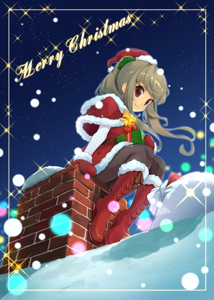 Anime picture 2994x4193 with original mefuchan single long hair tall image looking at viewer highres smile sitting purple eyes payot sky ponytail grey hair lens flare snowing christmas snow lacing merry christmas