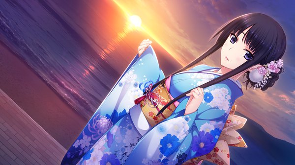 Anime picture 1280x720 with niizuma lovely x cation isurugi yuki iizuki tasuku single long hair looking at viewer fringe blue eyes black hair wide image payot game cg traditional clothes japanese clothes dutch angle beach evening sunset alternate hairstyle hair up