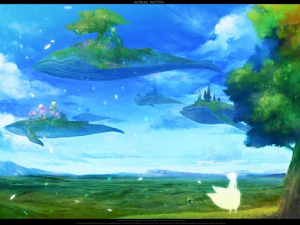 Anime picture 1024x768 with original rel sky flying landscape plant (plants) tree (trees) whale