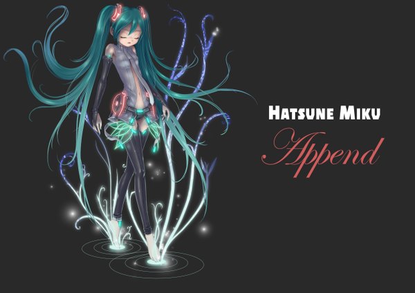Anime picture 2480x1753 with vocaloid vocaloid append hatsune miku hatsune miku (append) highres twintails eyes closed green hair black background girl thighhighs