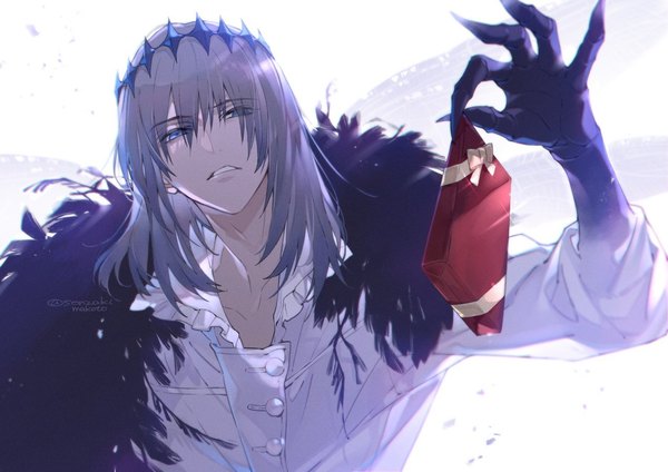 Anime picture 1273x900 with fate (series) fate/grand order oberon (fate) oberon (third ascension) (fate) senzaki makoto single long hair fringe blue eyes simple background hair between eyes white background holding signed looking away upper body parted lips grey hair twitter username spoilers