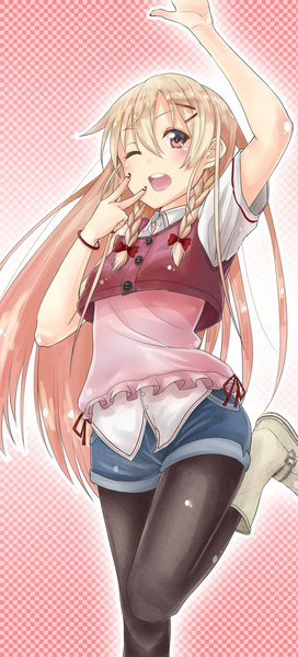 Anime picture 1710x3776 with original remil single long hair tall image looking at viewer highres open mouth blonde hair standing braid (braids) nail polish one eye closed pink eyes arm up short sleeves victory standing on one leg checkered checkered background